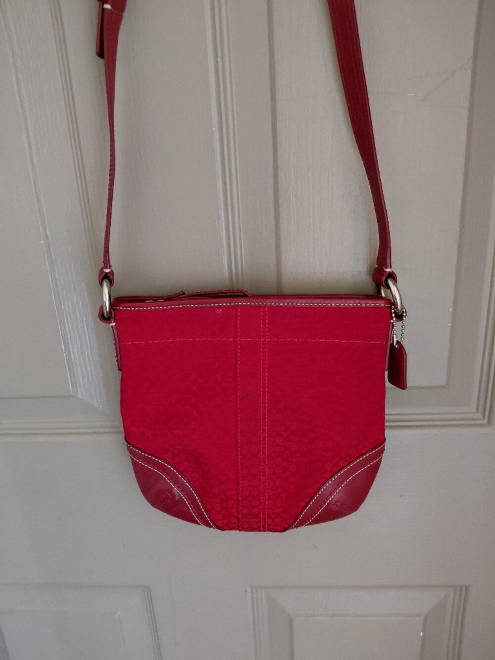 Coach Signature Jacquard Red Leather Trim Crossbody Swingpack